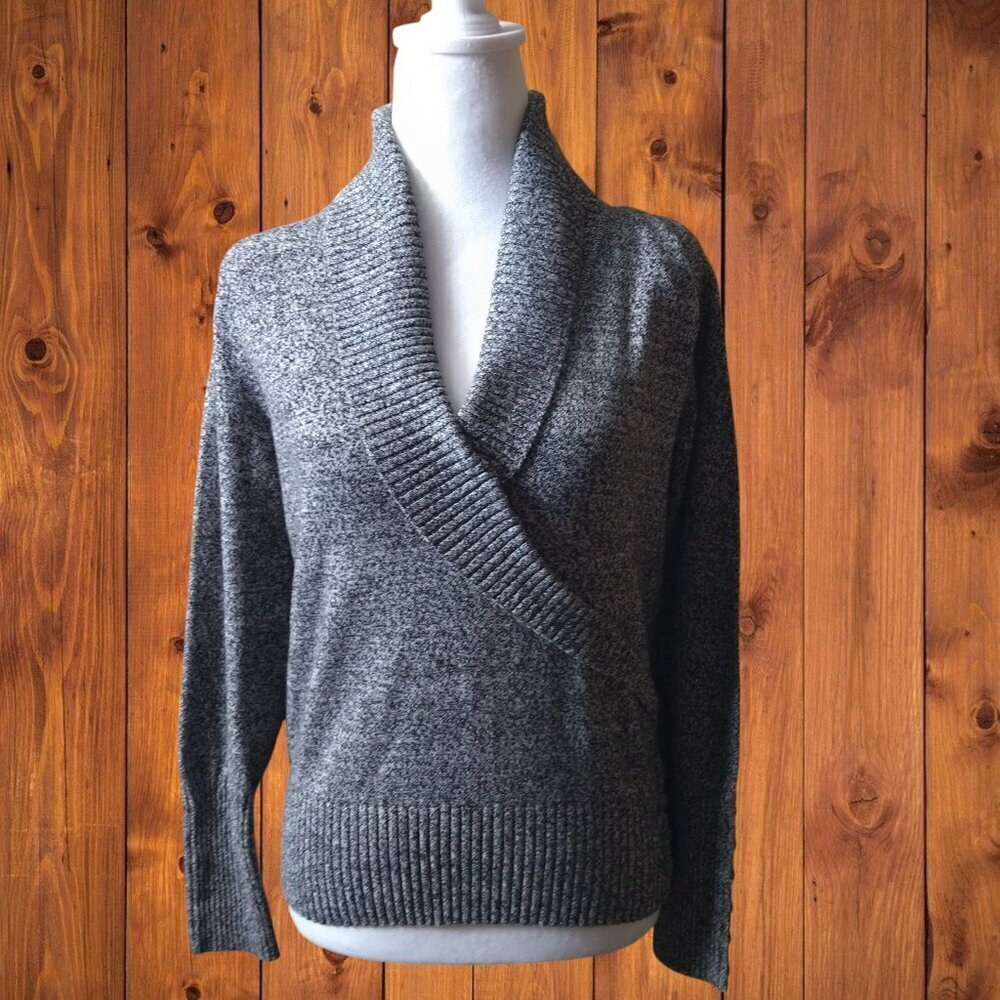 Dressbarn Size Medium Gray Shawl Collared Button Accent Pullover Sweater Classic